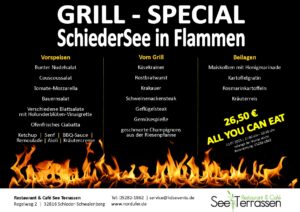 Schieder See mit Grill-Special in Flammen an den See Terrassen am Schieder See